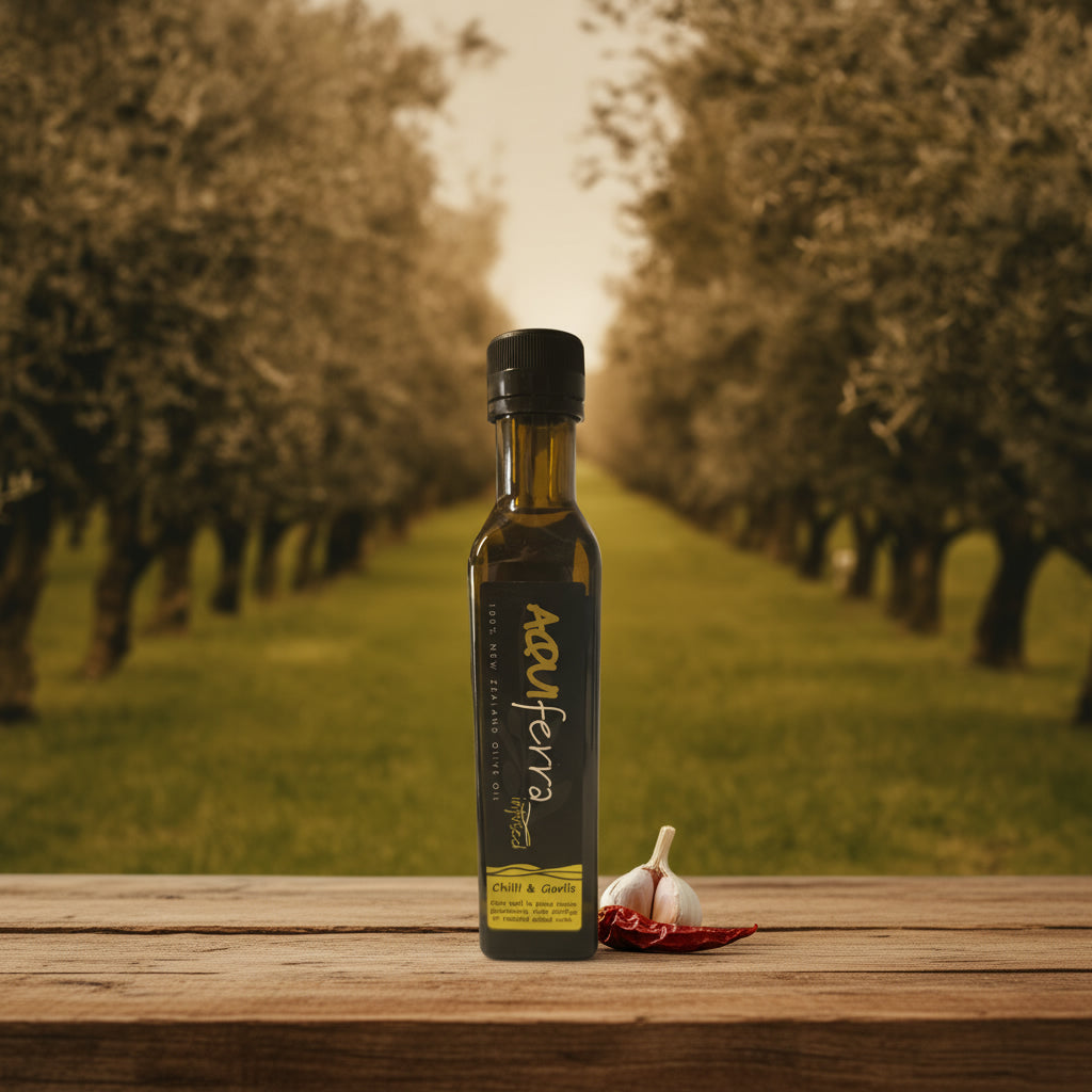 Aquiferra Chilli & Garlic olive oil bottle centred on rustic timber with a Hawke’s Bay olive grove softly blurred behind it.