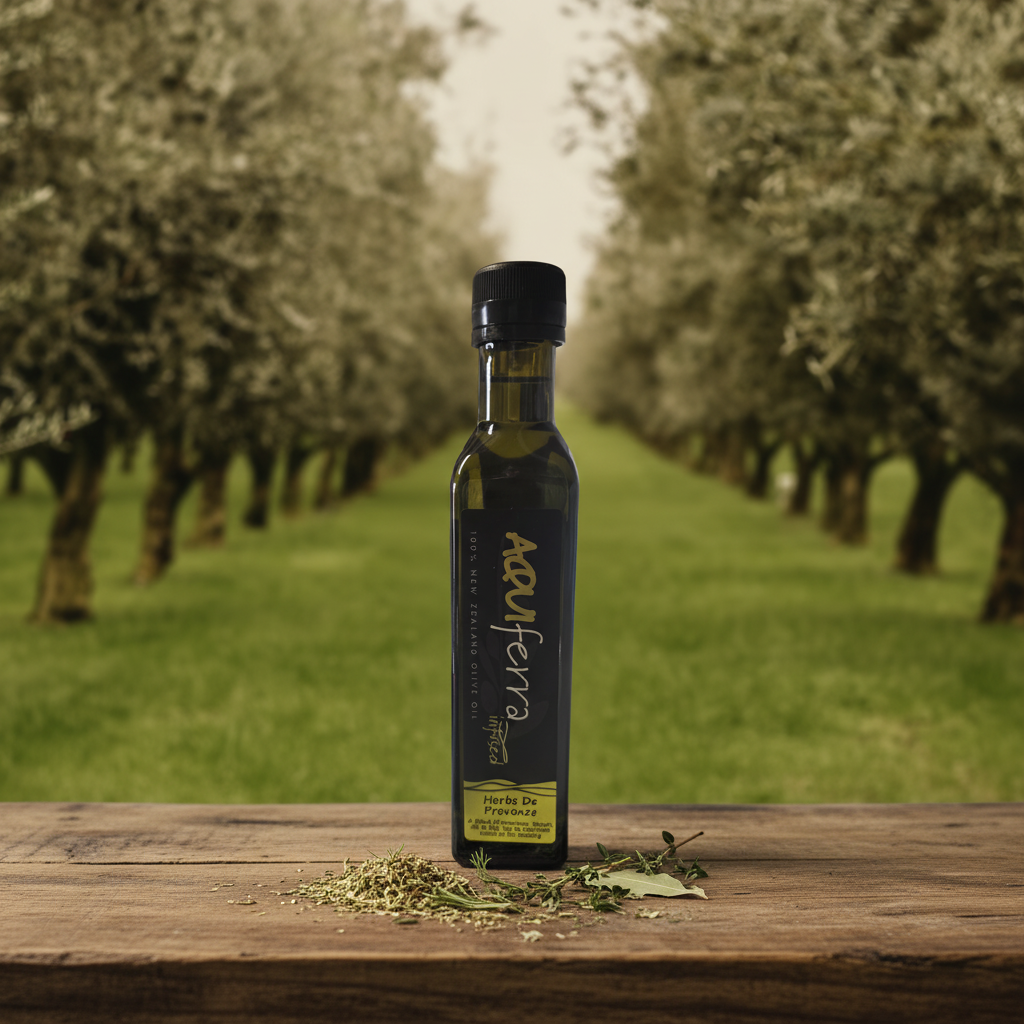 Aquiferra Herbs infused olive oil bottle centred on rustic timber with a Hawke’s Bay olive grove softly blurred behind it.