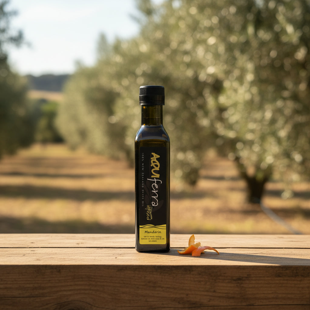 Aquiferra Mandarin olive oil bottle centred on rustic timber with a Hawke’s Bay olive grove softly blurred behind it.