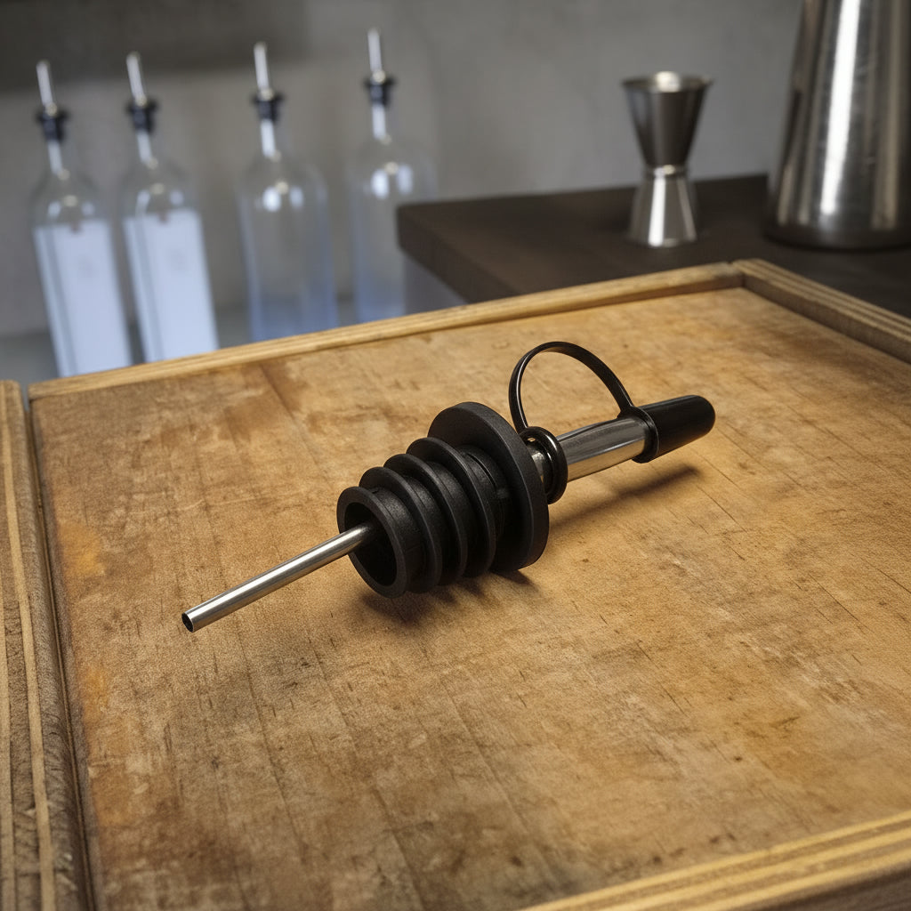 Close-up of olive oil flowing from an Aquiferra pourer attached to the bottle.