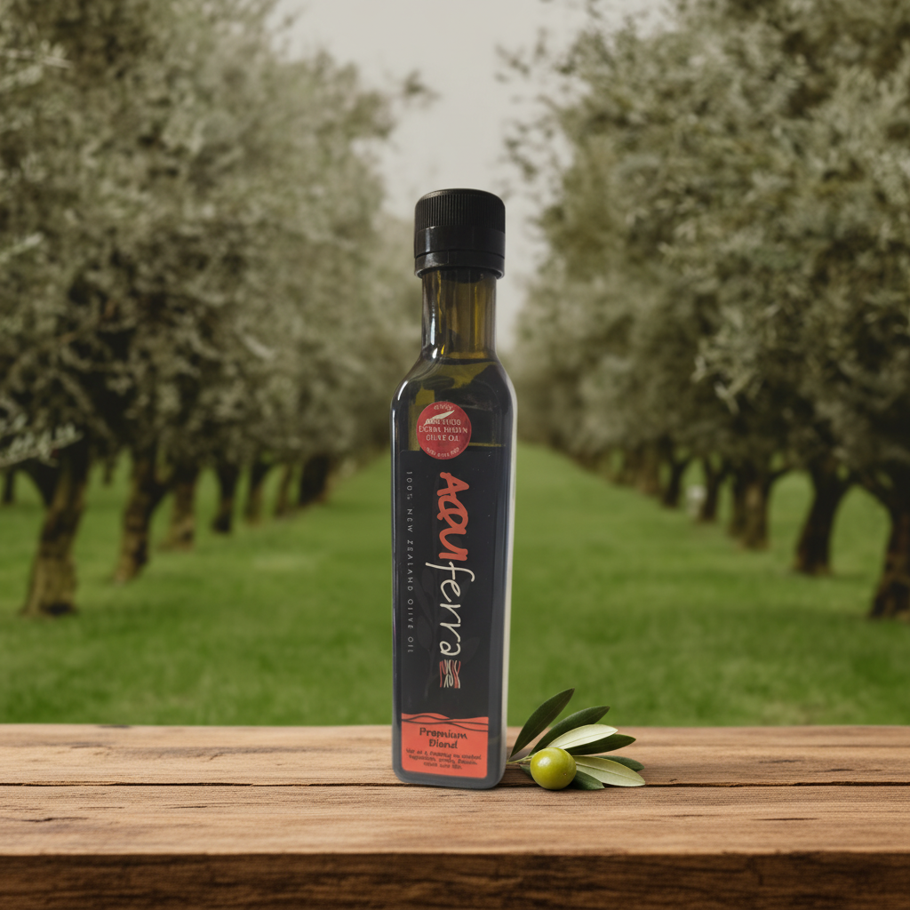 Aquiferra Premium Blend olive oil bottle centred on rustic timber with a Hawke’s Bay olive grove softly blurred behind it.