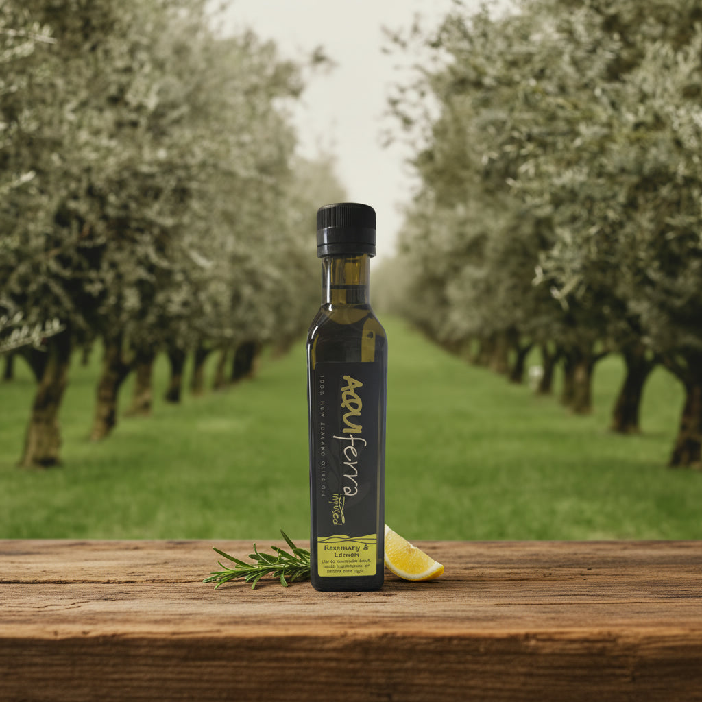 Aquiferra rosemary and lemon infused olive oil bottle centred on rustic timber with the brand’s own olive grove softly blurred behind it.