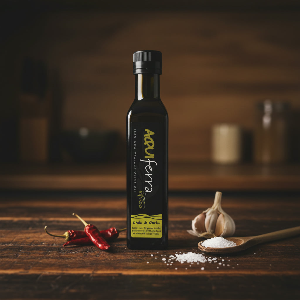Aquiferra Chilli & Garlic olive oil bottle on a dark rustic kitchen bench with subtle Mediterranean cooking props.