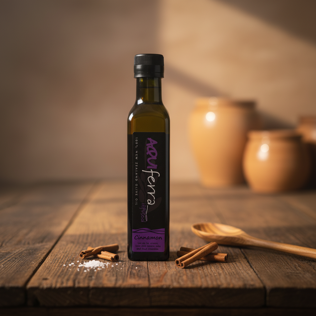 Aquiferra Cinnamon olive oil bottle on a dark rustic kitchen bench with cinnamon and Mediterranean props.
