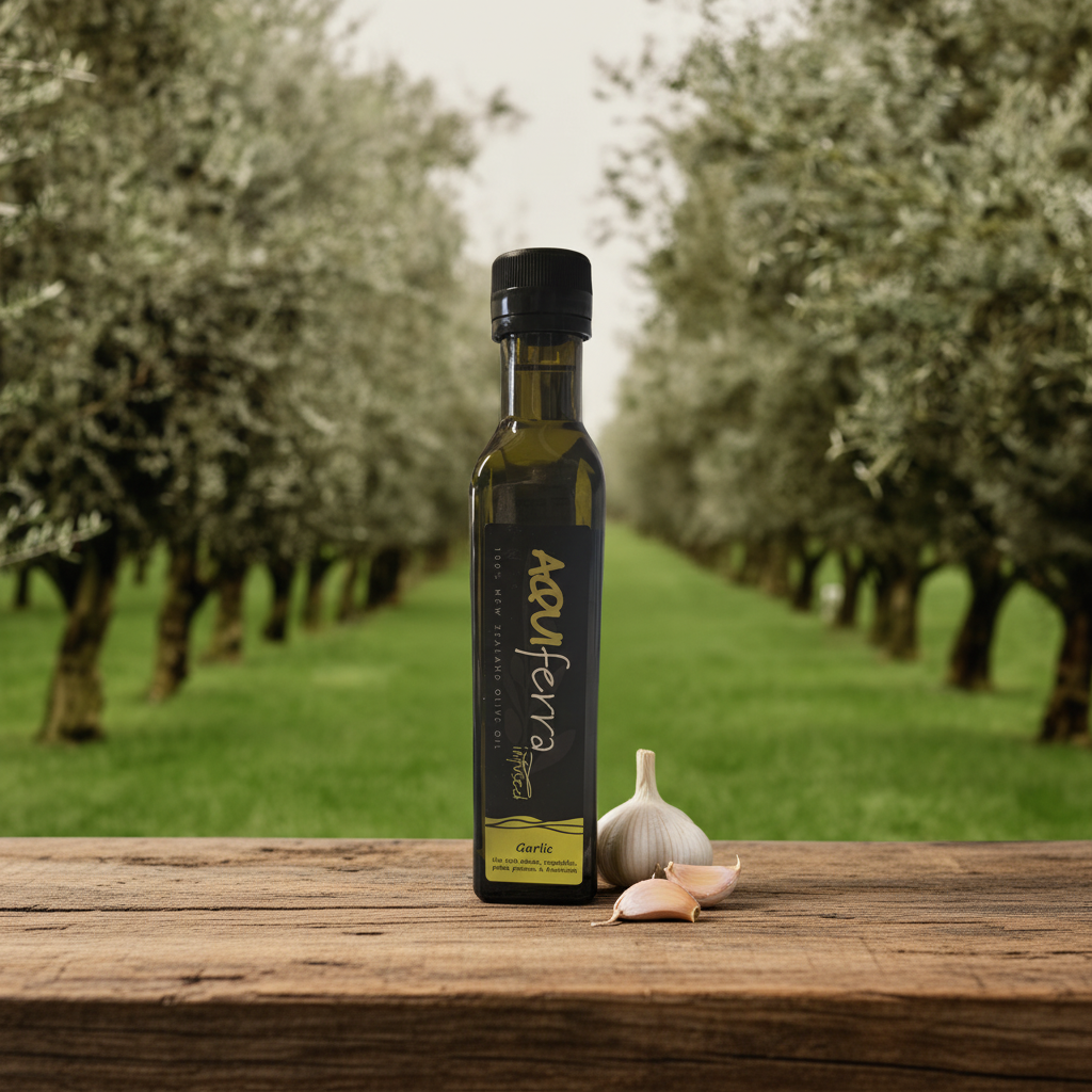 Aquiferra Garlic olive oil bottle centred on rustic timber with a Hawke’s Bay olive grove softly blurred behind it.