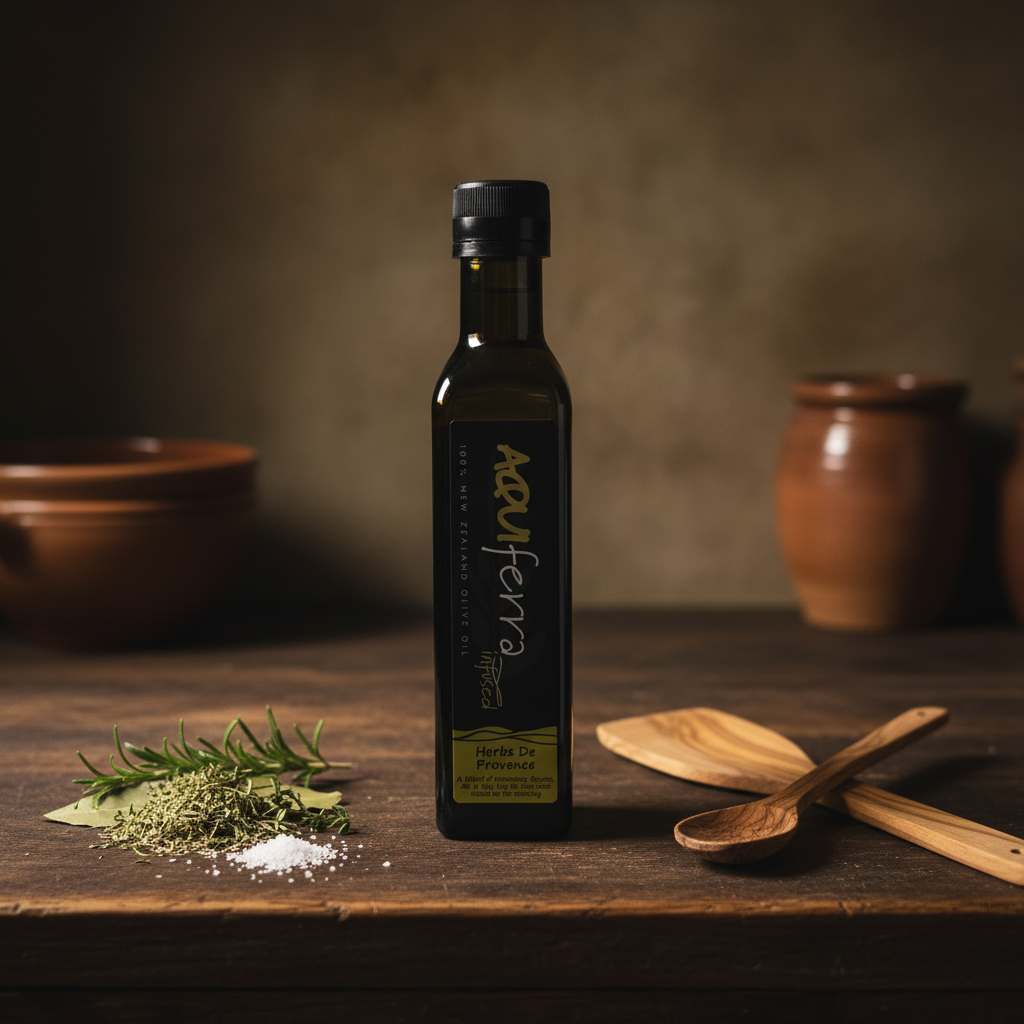 Aquiferra Herbs infused olive oil bottle on a dark rustic kitchen bench with dried herbs and Mediterranean props.