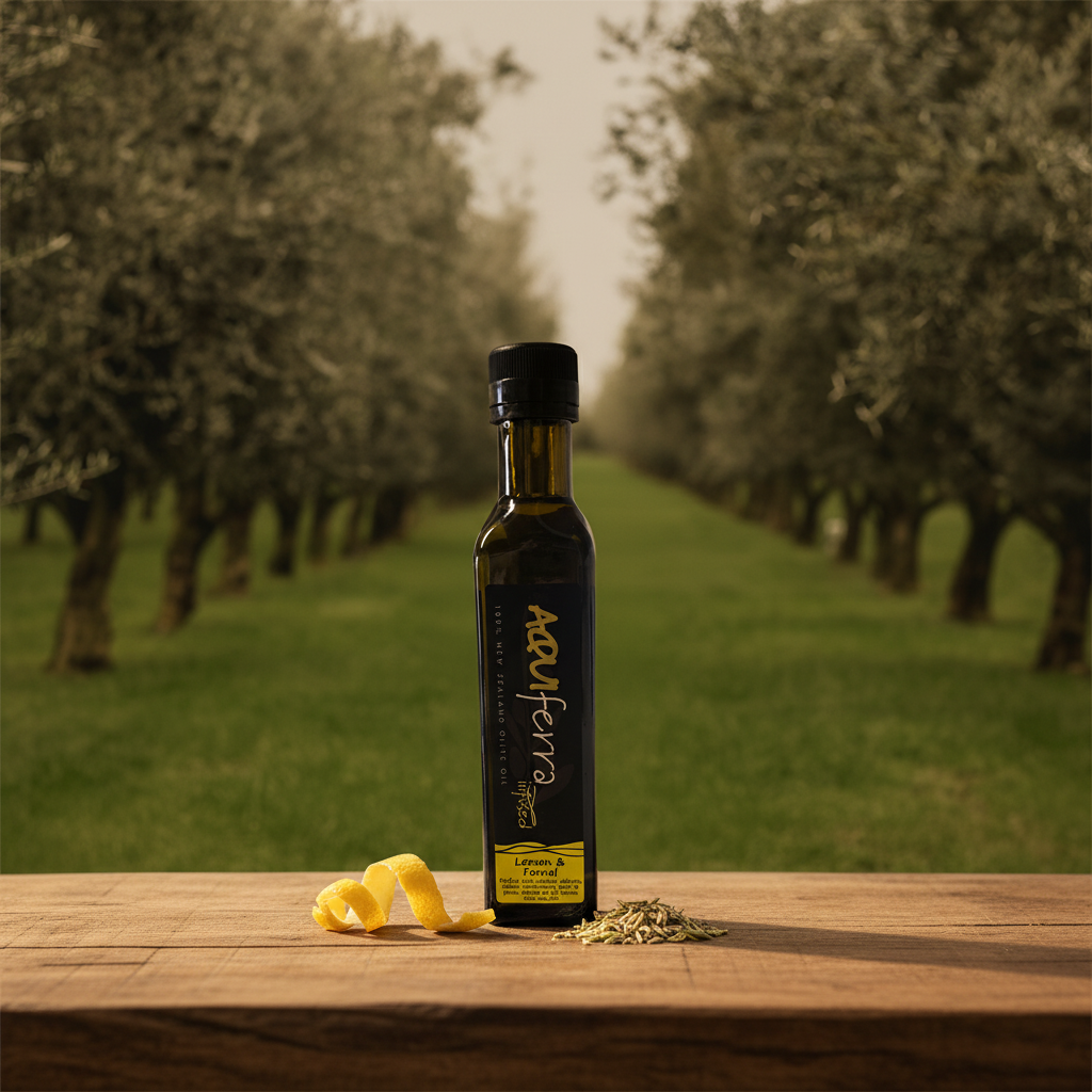 Aquiferra Lemon & Fennel olive oil bottle centred on rustic timber with a Hawke’s Bay olive grove softly blurred behind it.