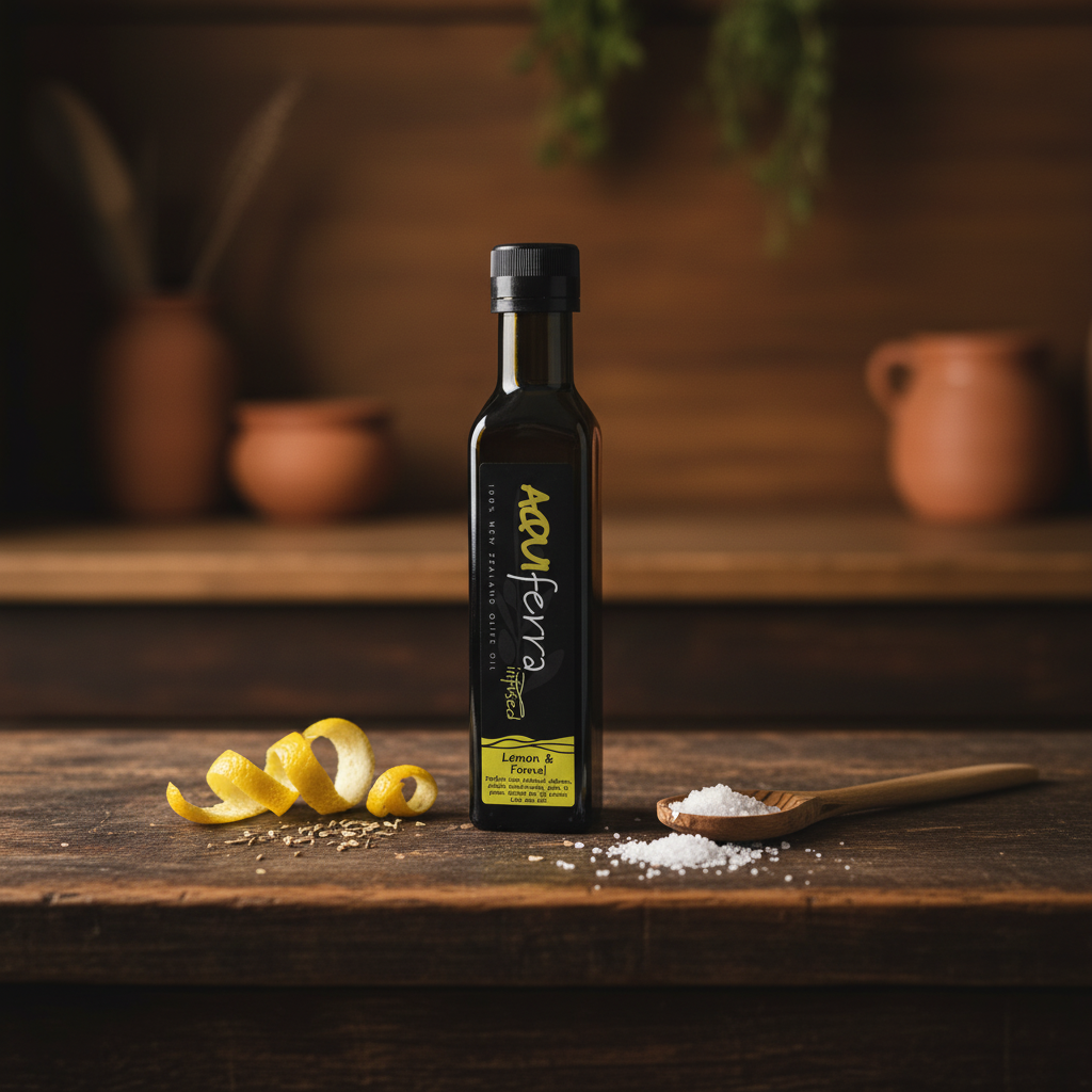 Aquiferra Lemon & Fennel olive oil bottle on a dark rustic kitchen bench with lemon peel and fennel seeds.