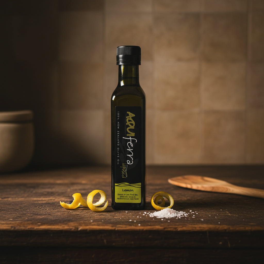 Aquiferra Lemon olive oil bottle on a dark rustic kitchen bench with subtle lemon peel and Mediterranean props.
