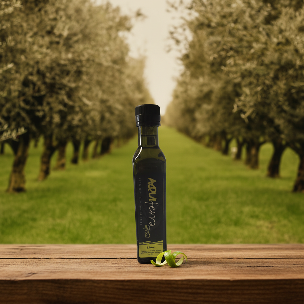 Aquiferra Lime olive oil bottle centred on rustic timber with a Hawke’s Bay olive grove softly blurred behind it.