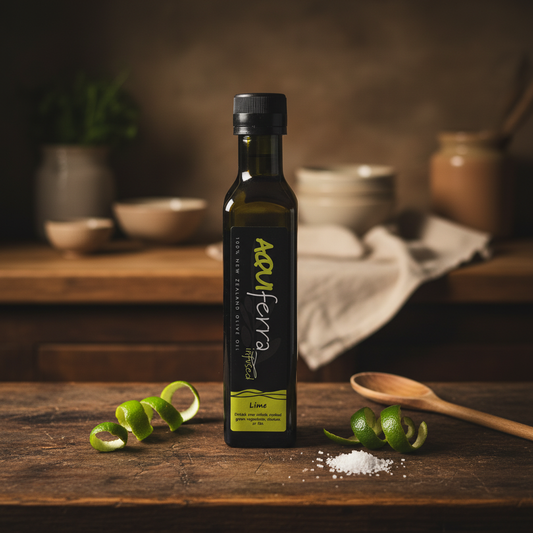 Aquiferra Lime olive oil bottle on a dark rustic kitchen bench with lime peel and Mediterranean props.