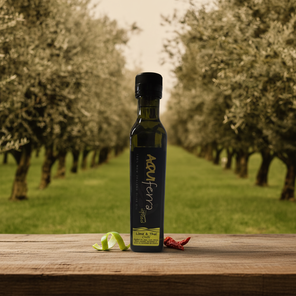 Aquiferra Lime & Thai Chilli olive oil bottle centred on rustic timber with a Hawke’s Bay olive grove softly blurred behind it.