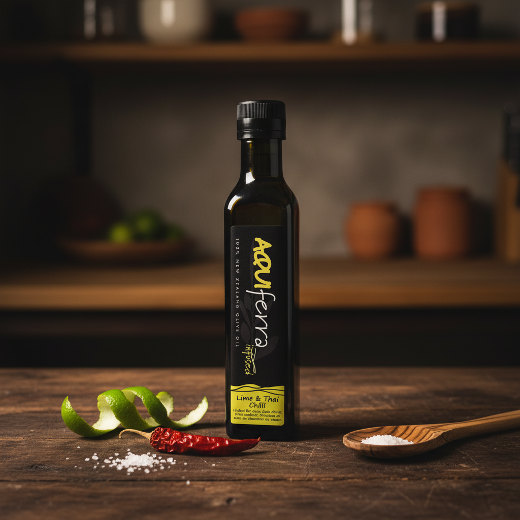 Aquiferra Lime & Thai Chilli olive oil bottle on a dark rustic kitchen bench with lime peel and a Thai chilli.