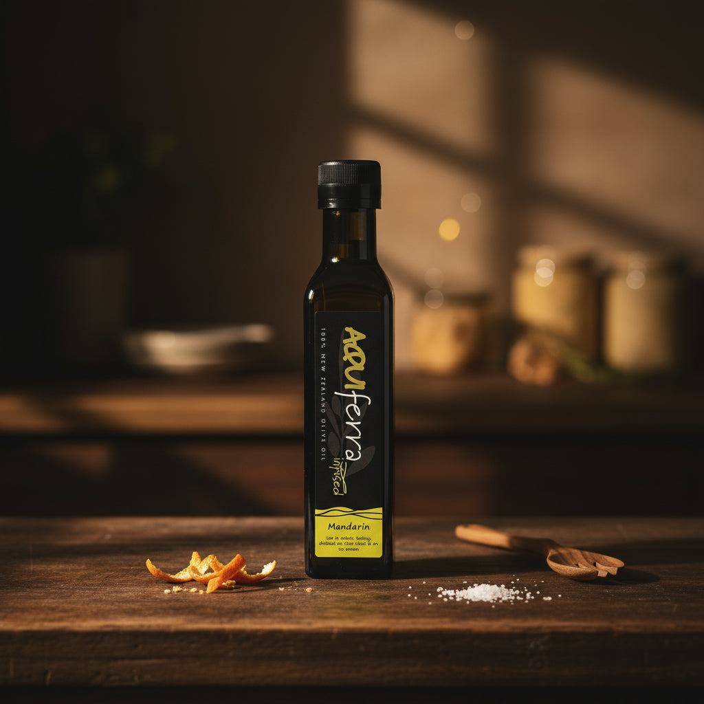 Aquiferra Mandarin olive oil bottle on a dark rustic kitchen bench with subtle mandarin peel and Mediterranean props.