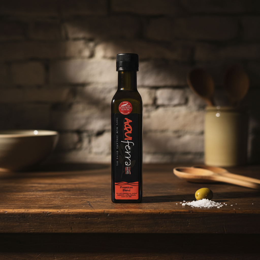 Aquiferra Premium Blend olive oil bottle on a dark rustic kitchen bench with subtle Mediterranean props.