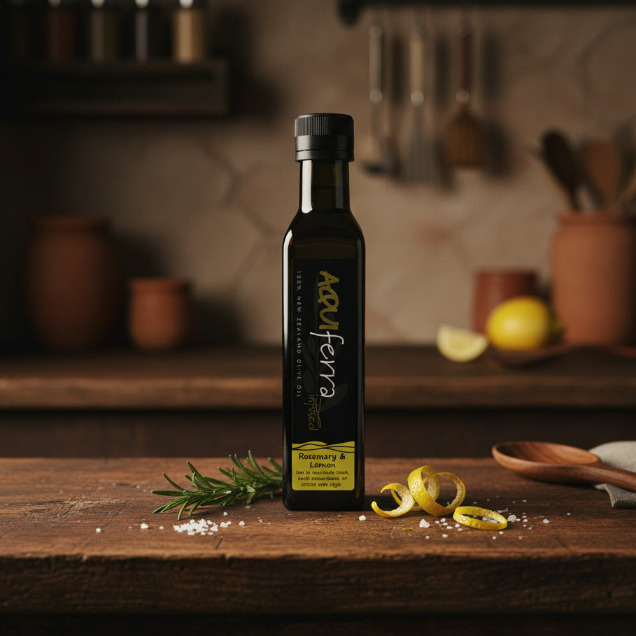 Aquiferra rosemary and lemon infused olive oil bottle on a dark rustic kitchen bench with subtle Mediterranean cooking props and warm moody lighting.